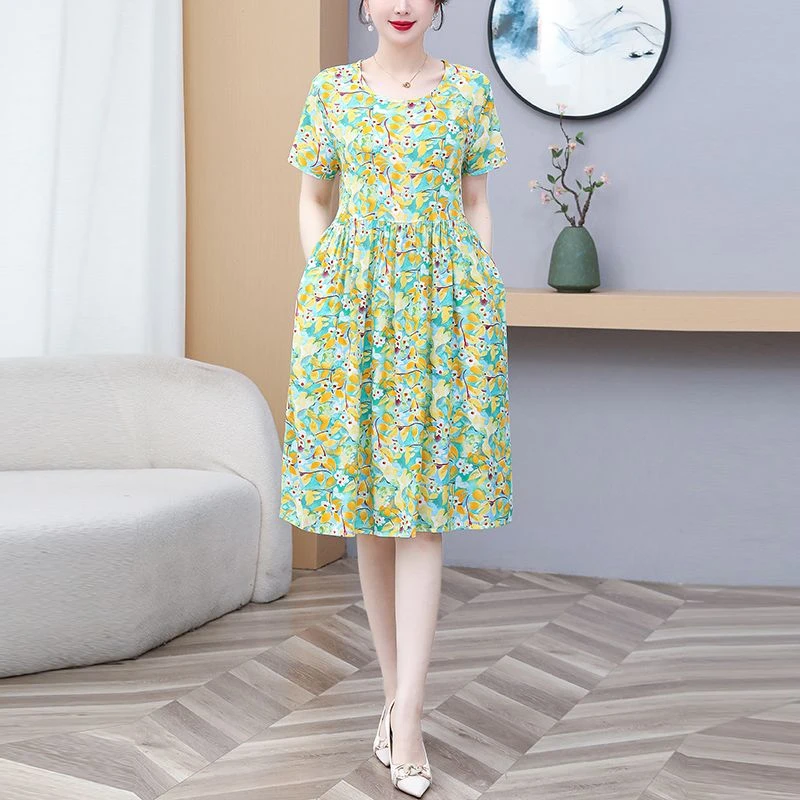 棉绸连衣裙女夏季新款短袖口袋妈妈过膝人造棉中长款长款碎花裙子