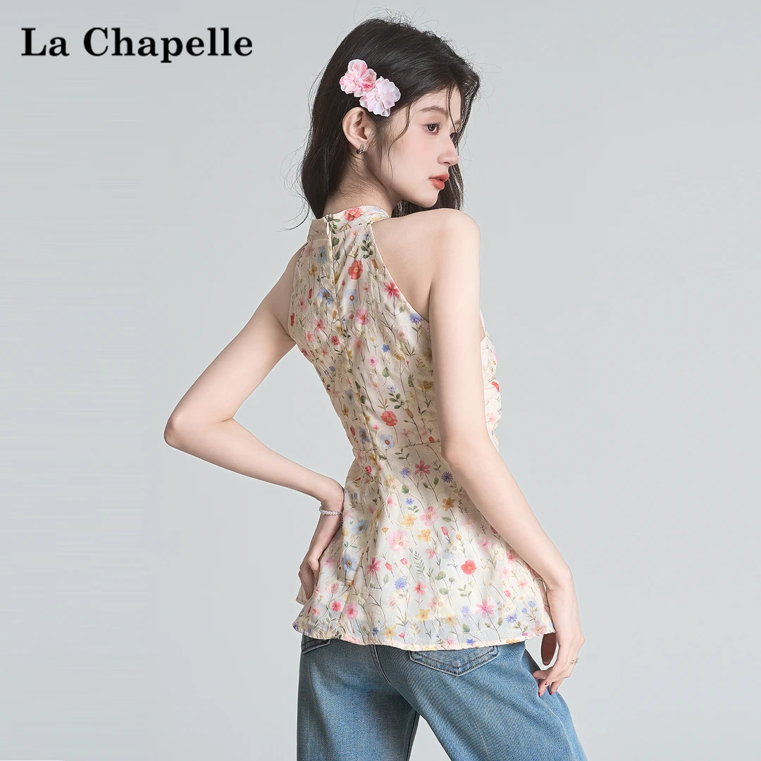 拉夏贝尔法式碎花气质吊带背心女夏季度假风性感露背甜美无袖上衣