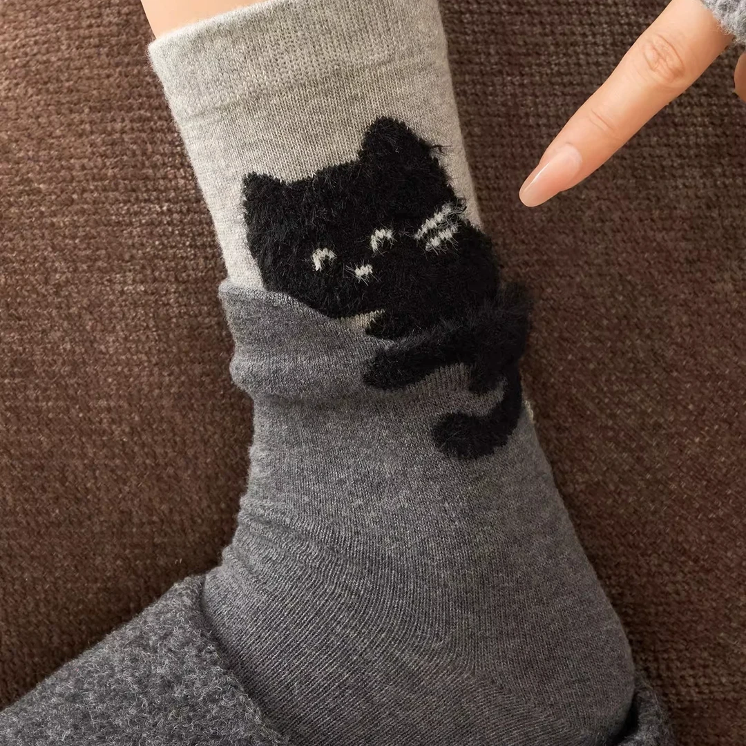 可爱猫咪中筒袜子女秋冬季韩版卡通绒2025新款爆款堆堆长筒袜DDD