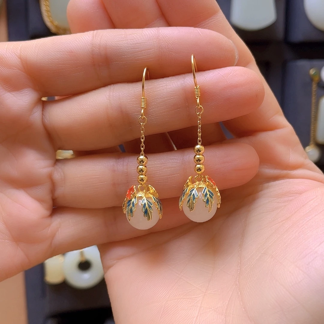 和田玉银S925镀金镶嵌耳饰