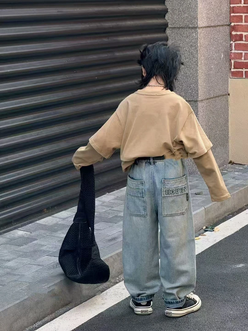 2025春季新款百搭韩版宽松拼接男女同款牛仔裤(A8011)