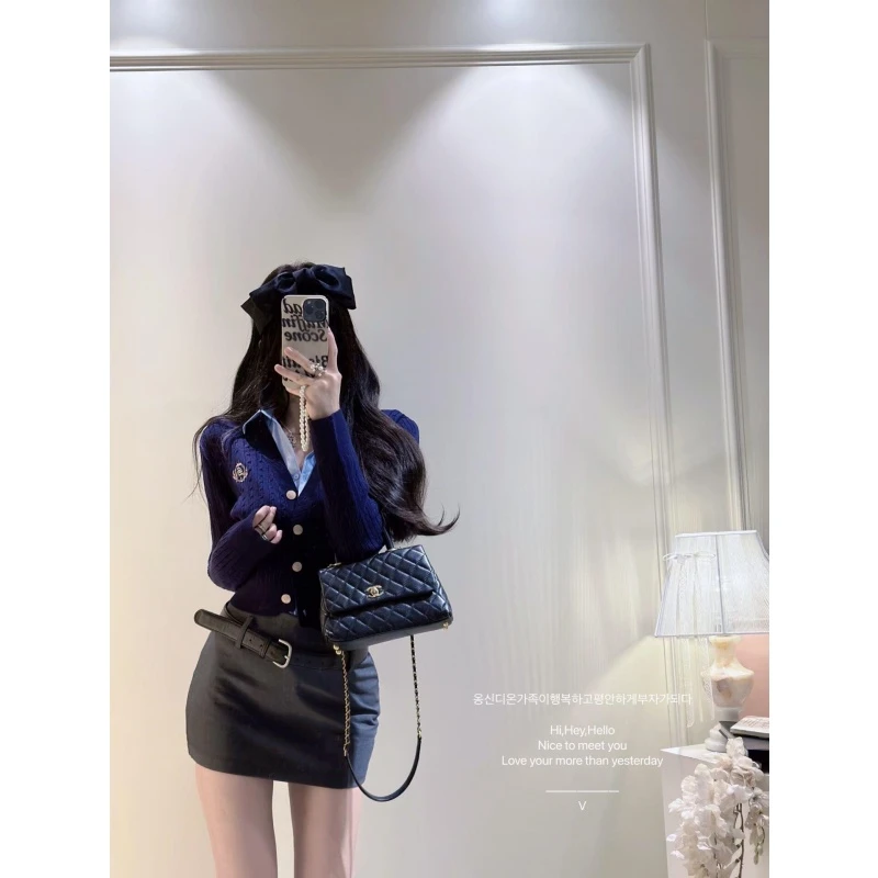 2025新款复古设计感假两件polo领针织毛衣女纯欲风气质包臀短裙潮