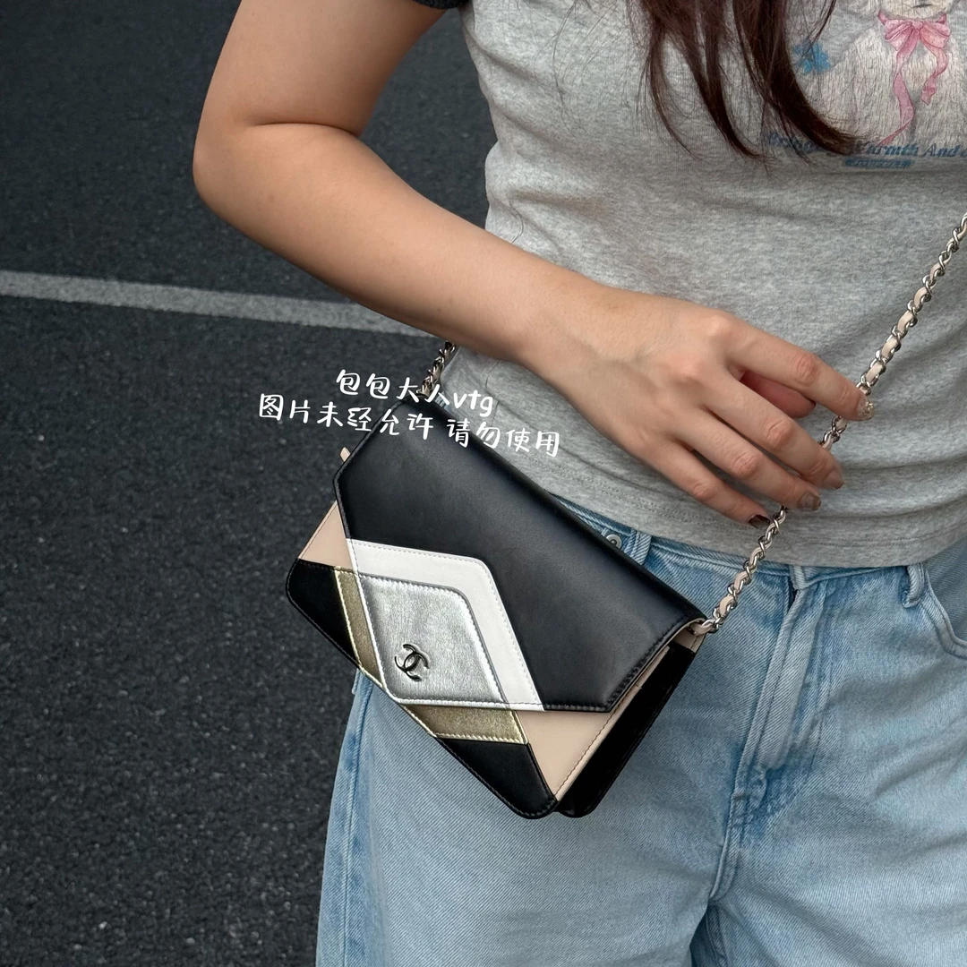 95新 Chanel/香奈儿 全皮拼色发财woc单肩包