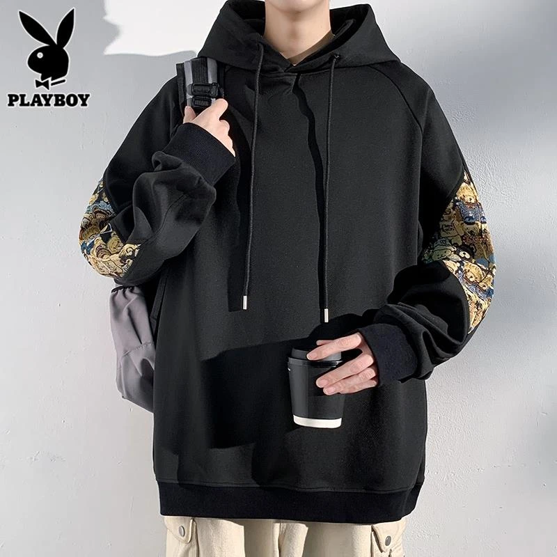 花花公子连帽卫衣男春秋款国潮流宽松小熊新中式长袖t恤男士夏季