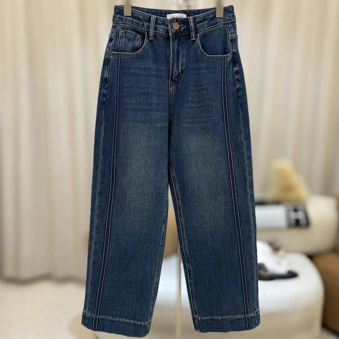 zaw大码女裤加厚加绒九分牛仔裤秋冬胖mm高腰显瘦直筒裤子/25455