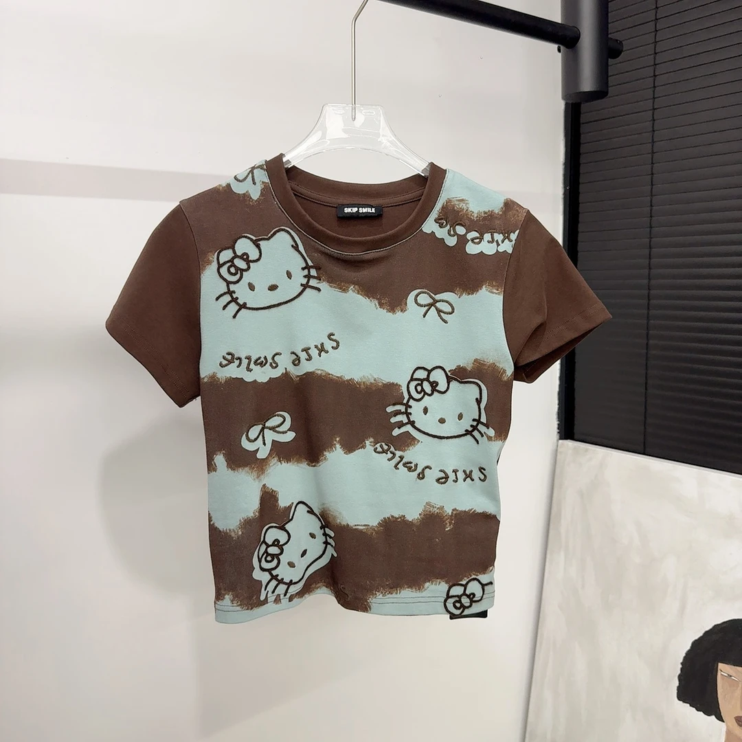NAN·DIAO新品甜美可爱猫咪图案绣花短袖T恤