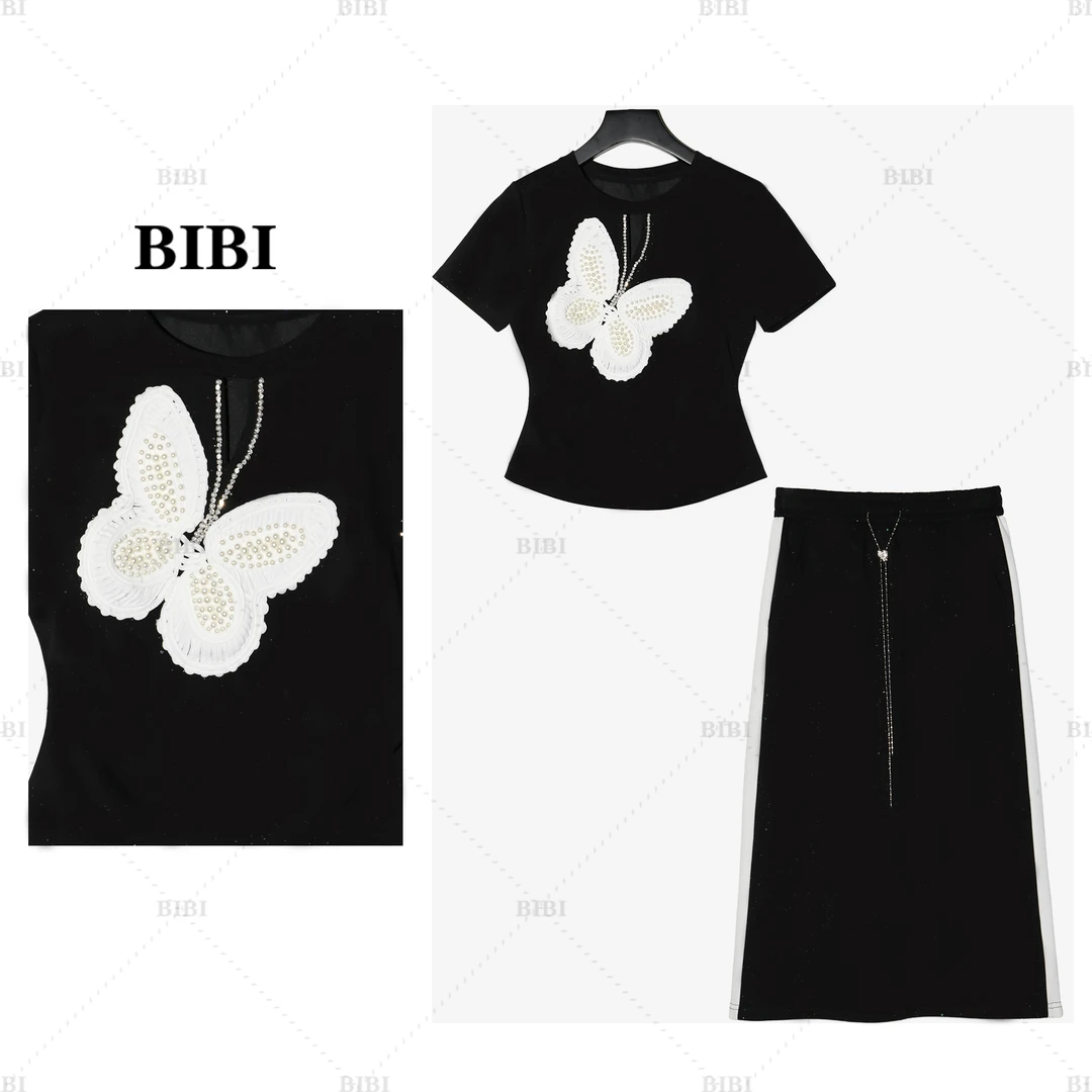 【直播】62791夏季减龄蝴蝶拼色半裙T恤时尚气质开衫套裙2件套