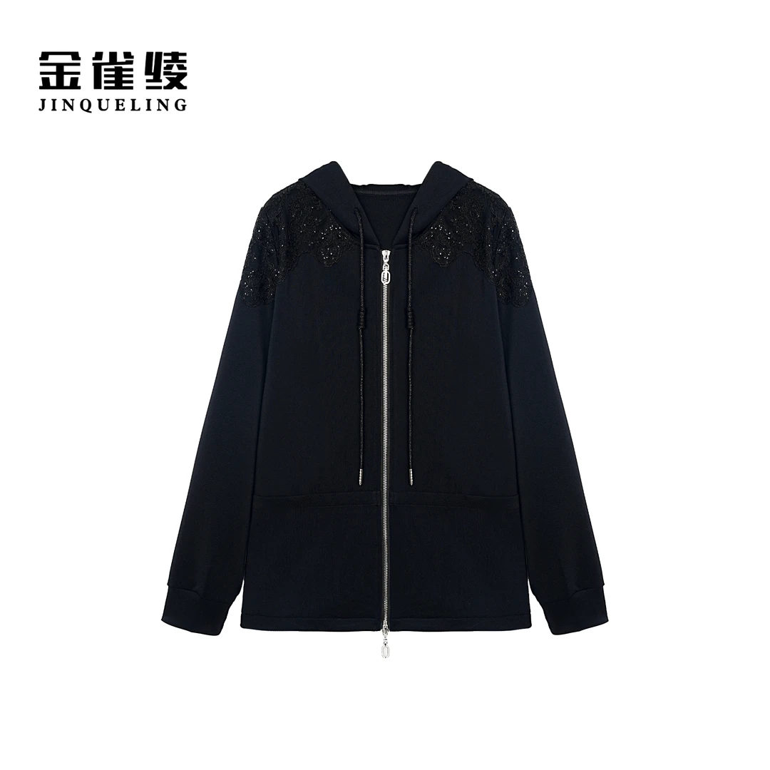 金雀绫【暗夜流莹】时尚绣珠工艺黑色连帽加宽加大外套SZA3TY588