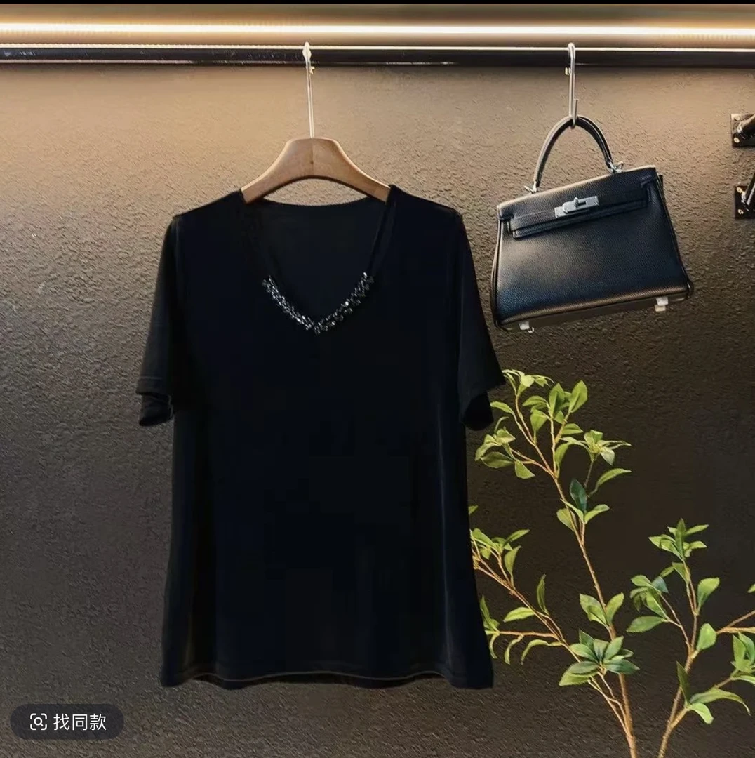 新款大码2025显瘦v领重工百搭设计款洋气半袖小衫/8035