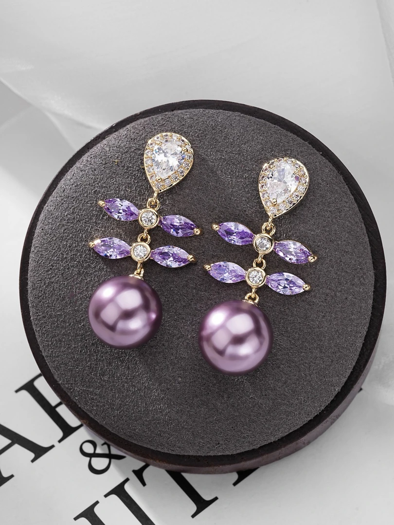 合金合成锆石耳饰 3919高级轻奢时尚珠珠流苏耳环