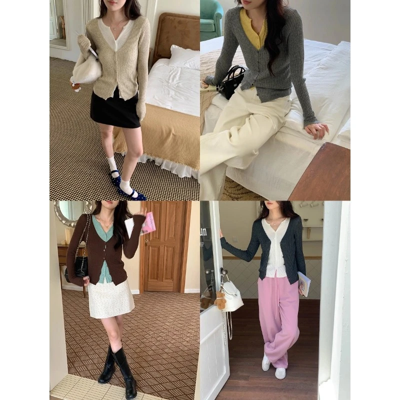 3th morning 叠穿层次感 撞色假两件v领修身针织开衫长袖洋气短款