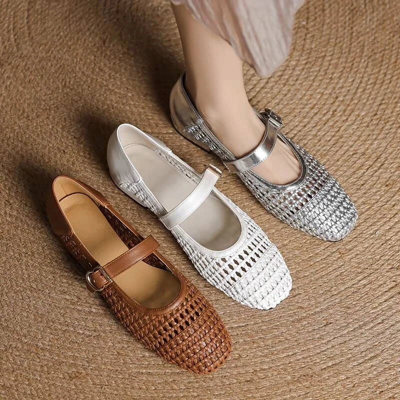高档羊皮编织镂空真皮凉鞋女低跟2025夏季新款单鞋平底百搭仙女风