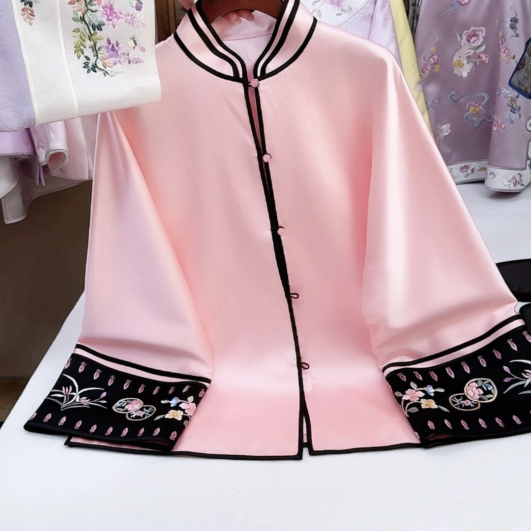 织绣真丝粉色立领外套