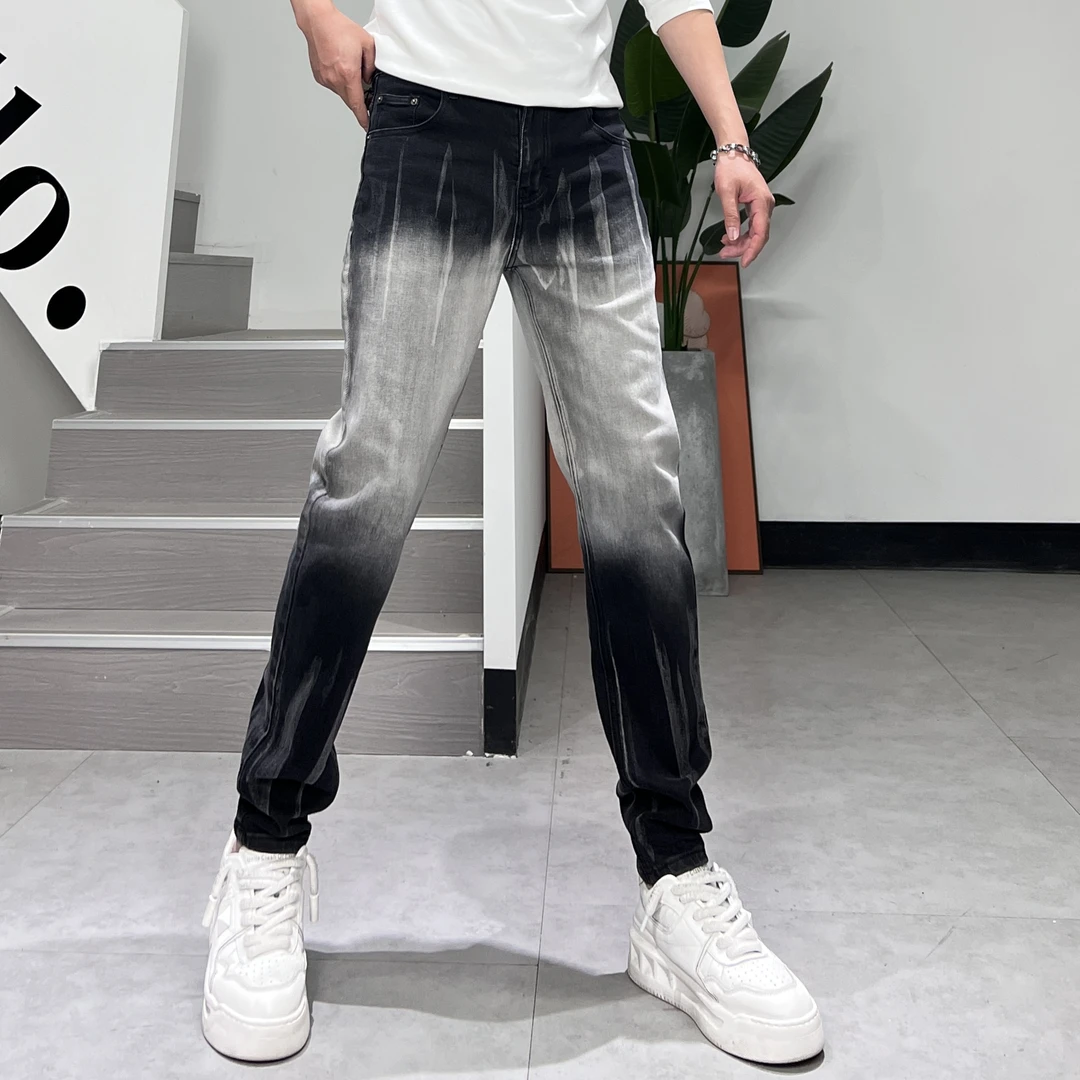 美式潮流扎染小众定制火山灰牛仔裤男款秋冬新款高弹力修身小脚裤