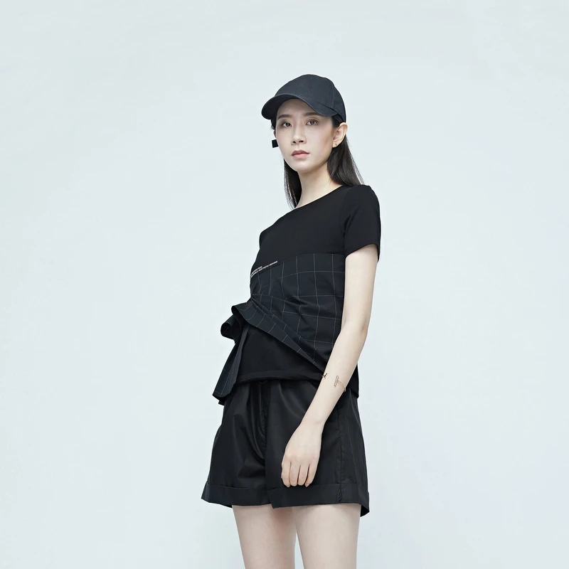 圣迪奥女装格纹拼接印花T恤S20280153