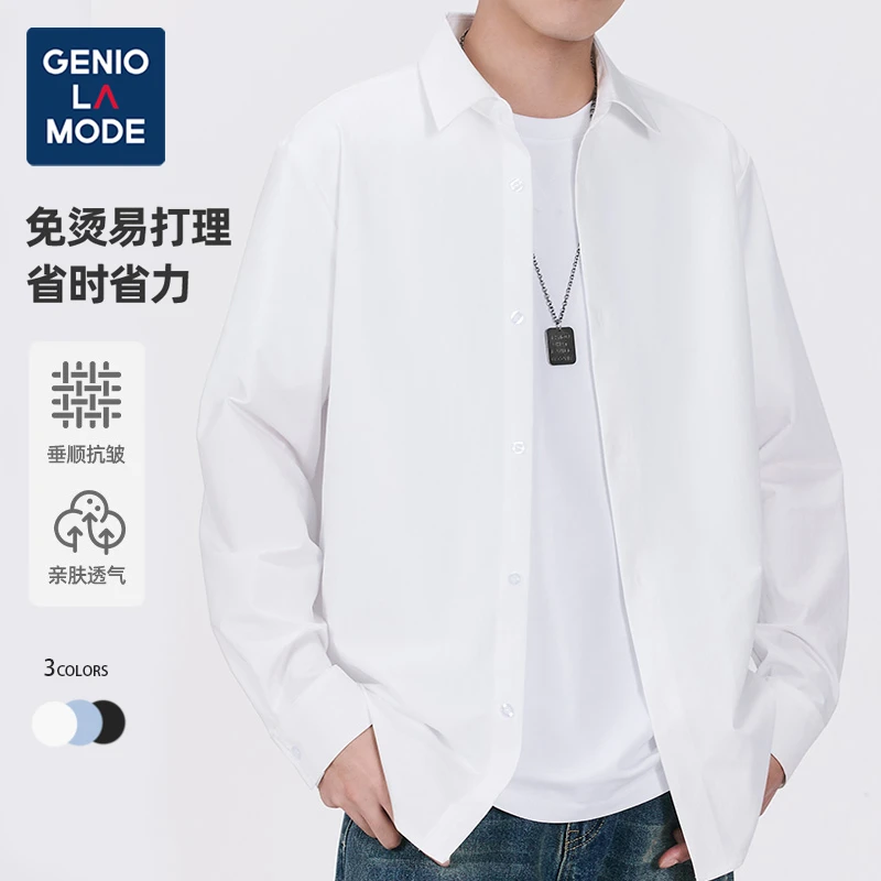 GENIOLAMODE休闲白衬衫男结婚衣服宽松日常翻领长袖T恤情侣款衬衫