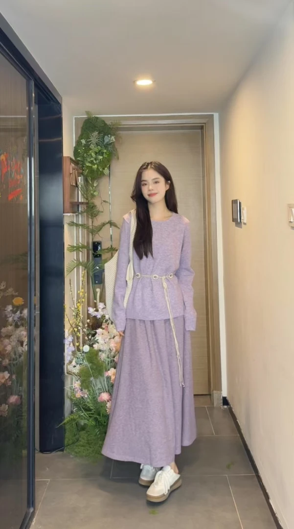 AN.XIN【芋泥波波】早春穿搭 糯叽叽显白套装  上衣+半身裙20281