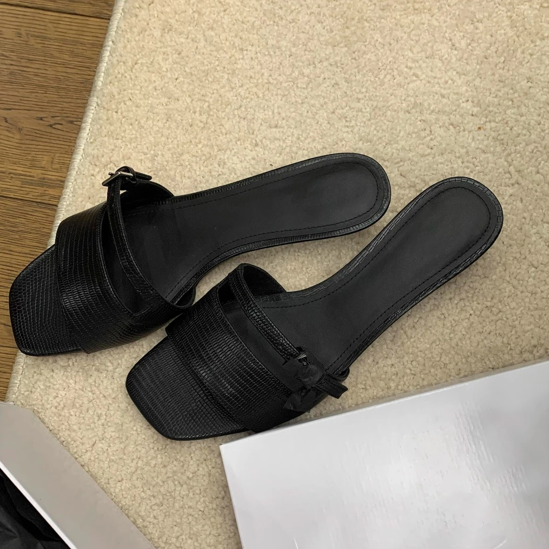 2025年新款休闲真皮方头蝴蝶结小猫跟拖鞋一字拖高跟穆勒凉拖鞋女