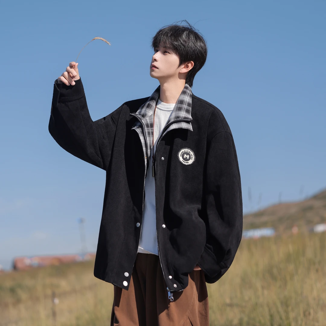 双11秋冬新款假两件立领夹克男士休闲大码宽松保暖外套高级感上衣