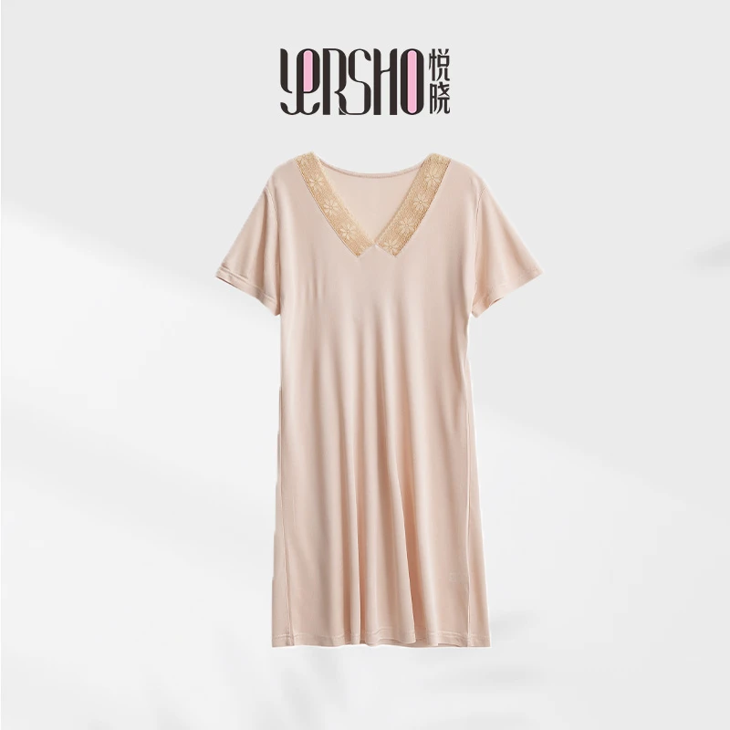 悦晓桑蚕丝V领吊带舒适薄款女士 时尚纯色宽松夏季短袖睡裙S159