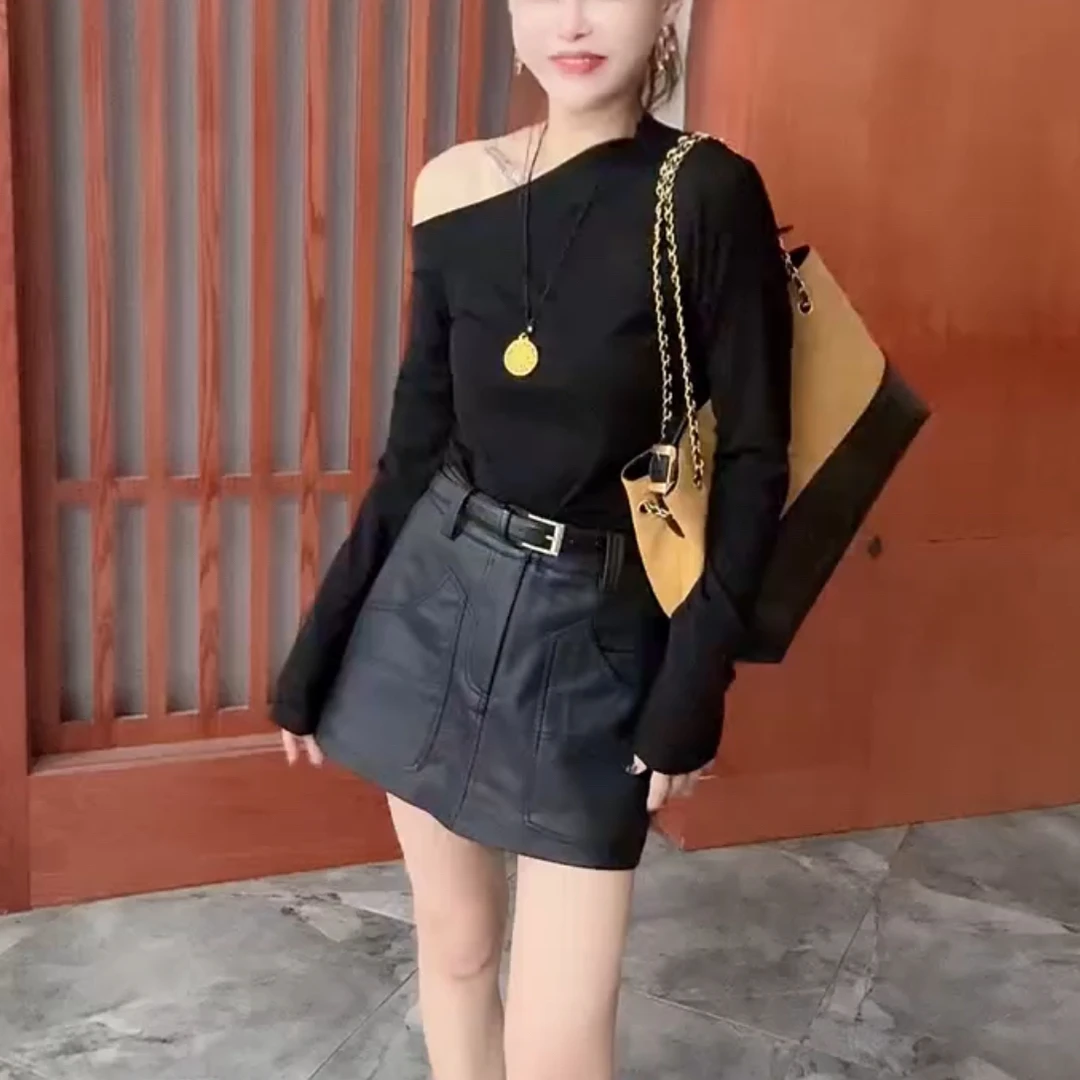 常规百搭长袖V领常规款打底衫辣妹风斜领T恤黑色早秋新款洋气百搭