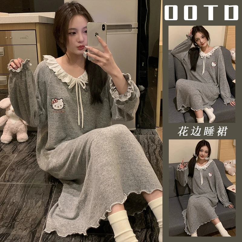 长袖睡裙女春秋季2025新款甜美风花边KT猫韩版宽松睡衣裙子家居服