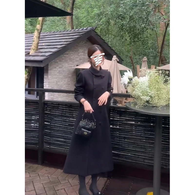 法式小翻领分割线双排扣韩版小香设计感秋冬新款中长款毛呢大衣