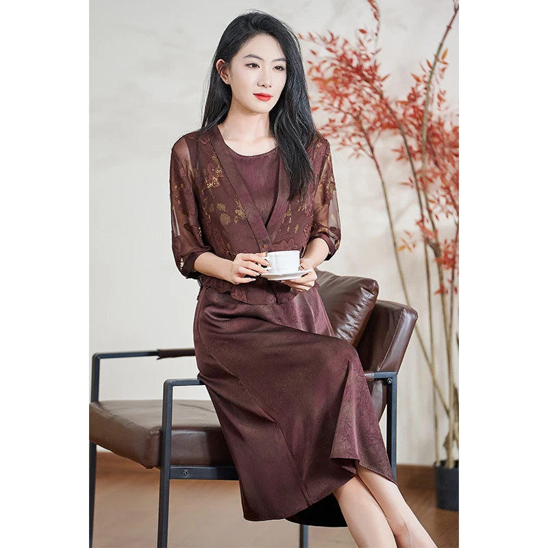 【真两件】迪欧芙棕色贵气优雅高端2025春季新款女连衣裙#CTZ87751