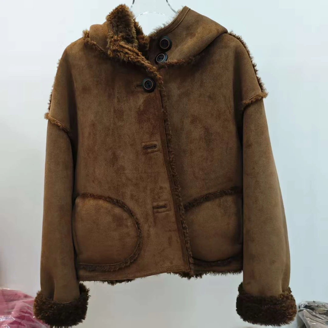 HAIYUN╳25年冬季新款361两穿羊毛拼接高级雅定女外套连帽毛毛外套