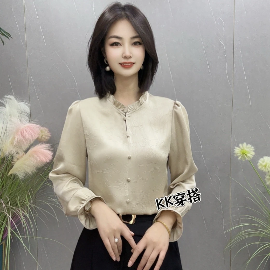 【KK】LLH2521春季新款木耳花边领长袖洋气纯色款百搭衬衫