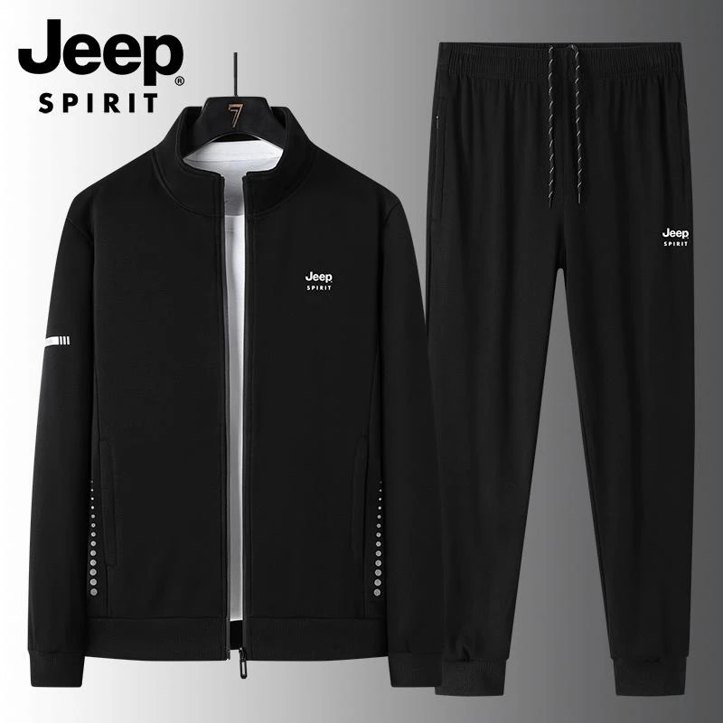 JEEP吉普棉质休闲套装男士秋冬季开衫卫衣搭配运动束脚长裤两件套