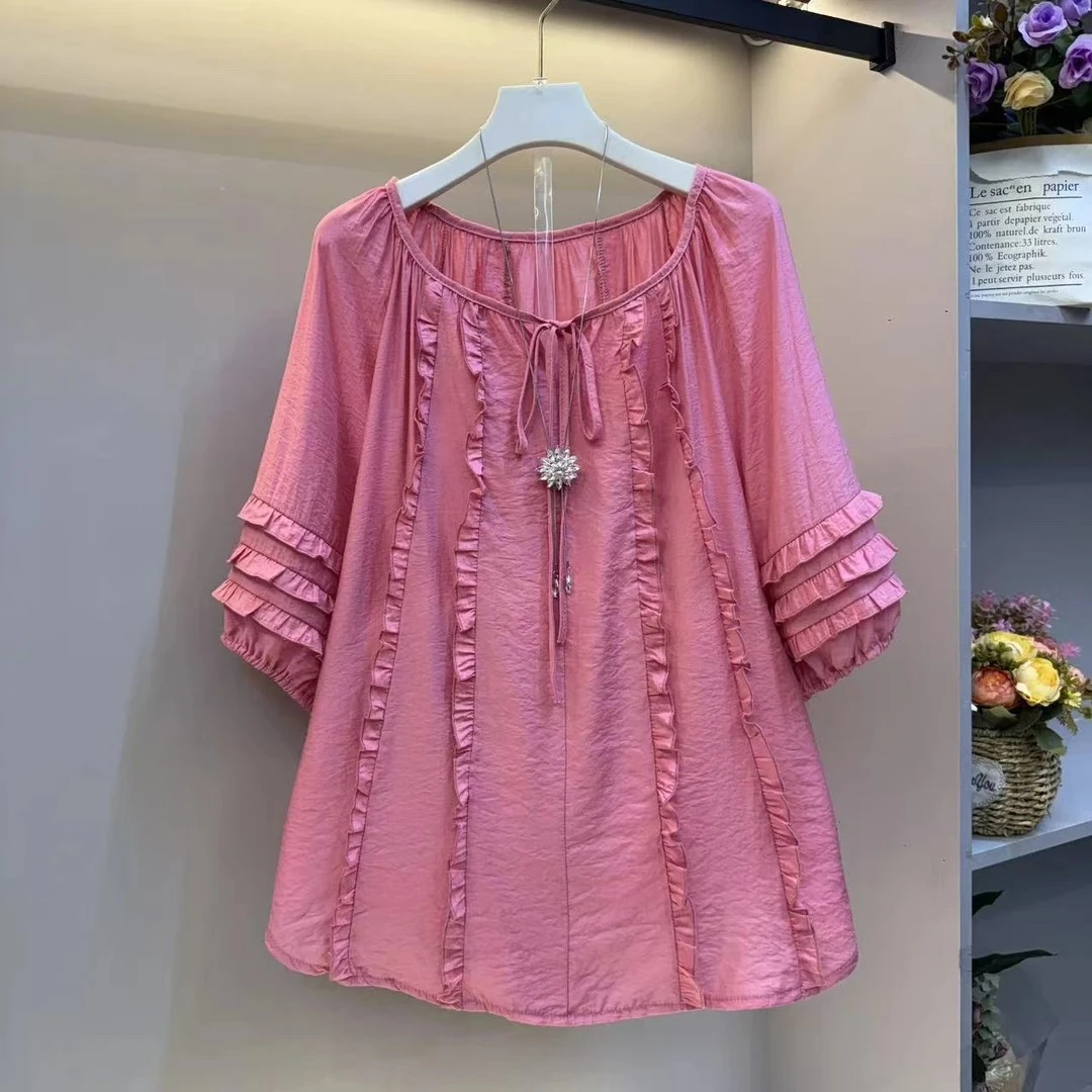 高级荷叶边法式层次感系带木耳边衬衫褶皱大码百搭显瘦休闲上衣女