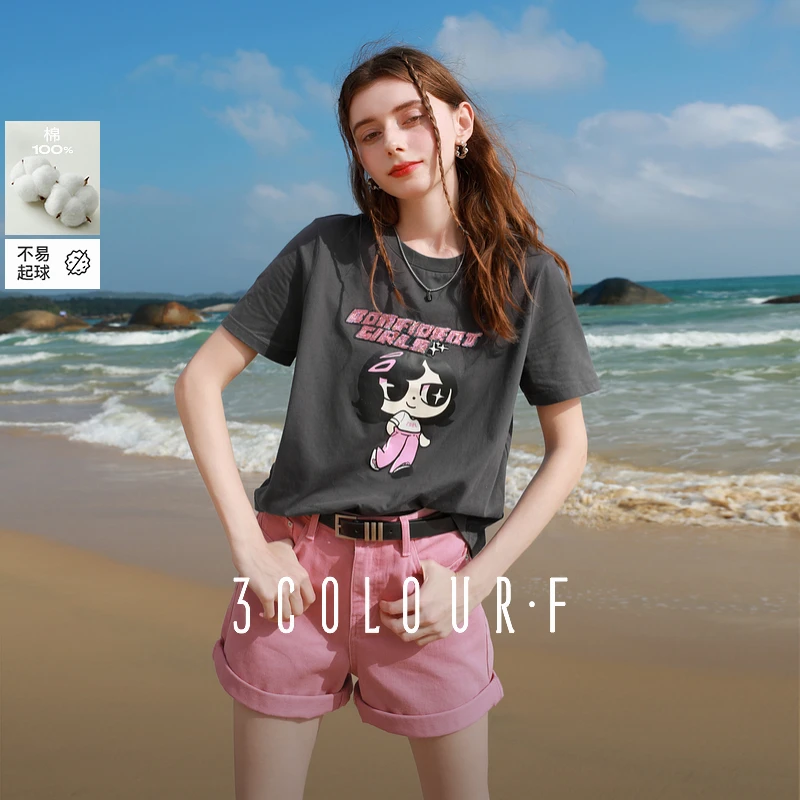 三彩独醒2025夏季新款卡通印花T恤亮片圆领短袖上衣宽松休闲F