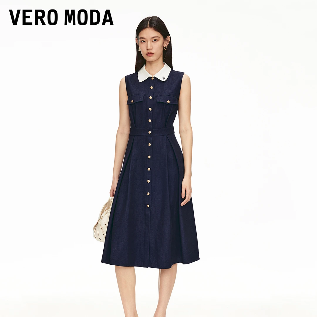 Vero Moda连衣裙2025夏日穿搭撞色翻领高腰线收褶中长裙3252SZ007