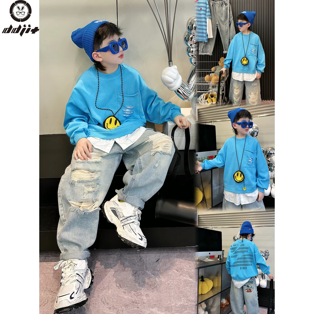 蛋蛋家【反复心动】春季新款洋气蓝色假两件字母卫衣