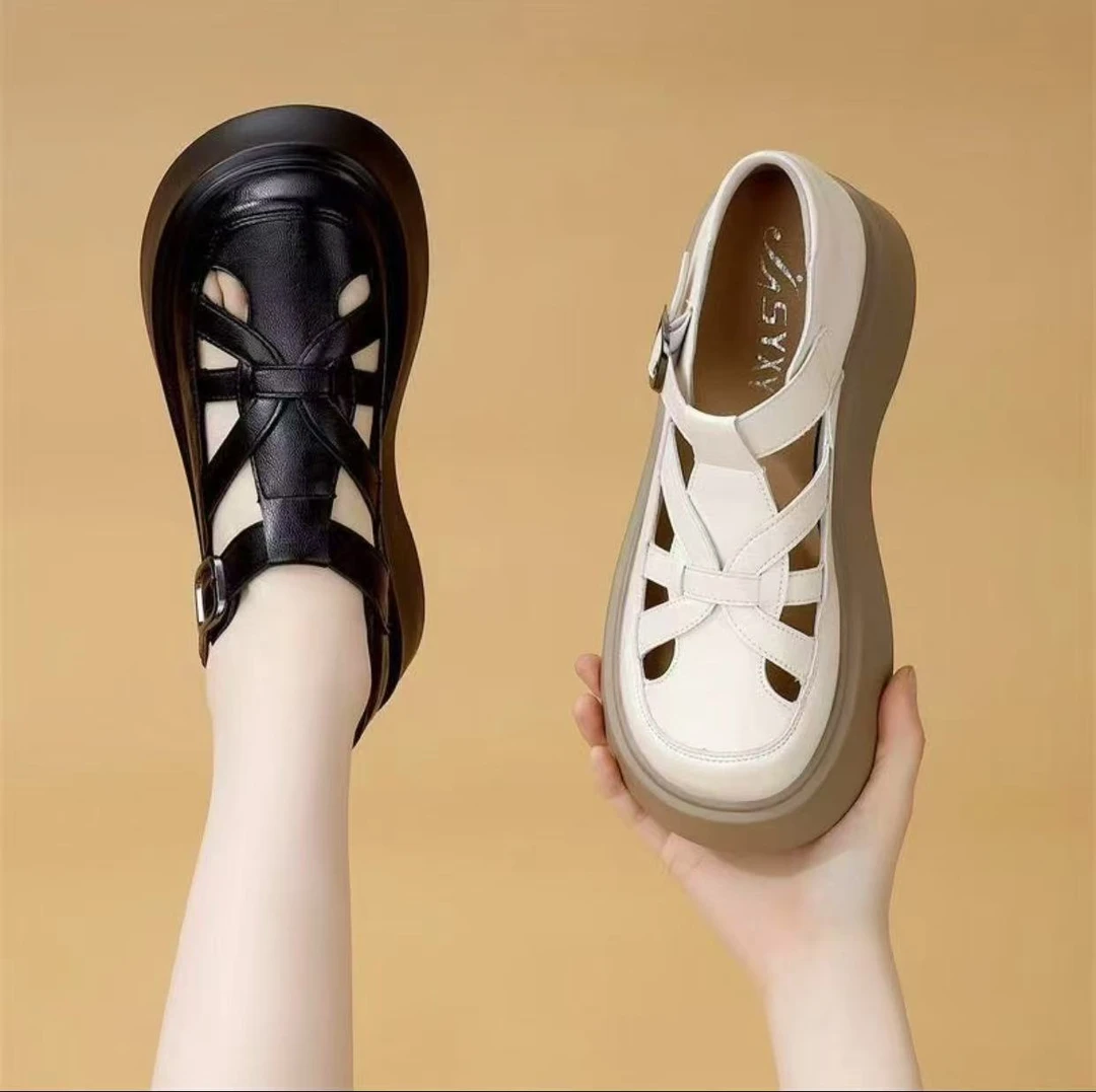 小个子增高包头凉鞋女厚底罗马凉鞋子夏季薄款镂空复古松糕猪笼鞋