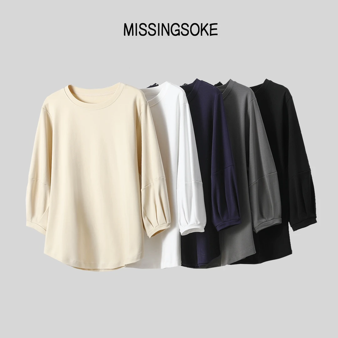 灯笼袖九分袖圆领T恤J-1915