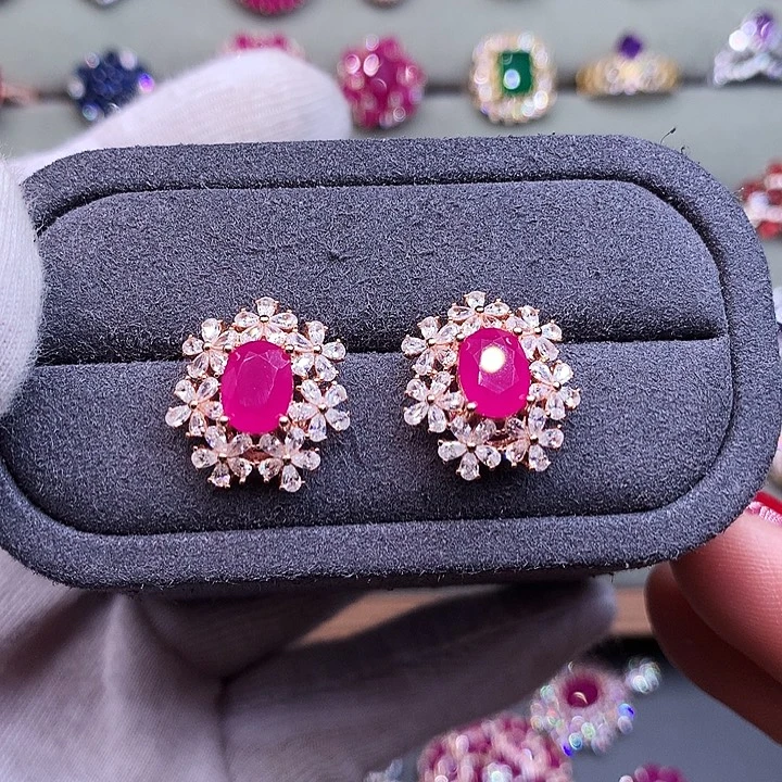 耳饰银S925镶嵌红宝石