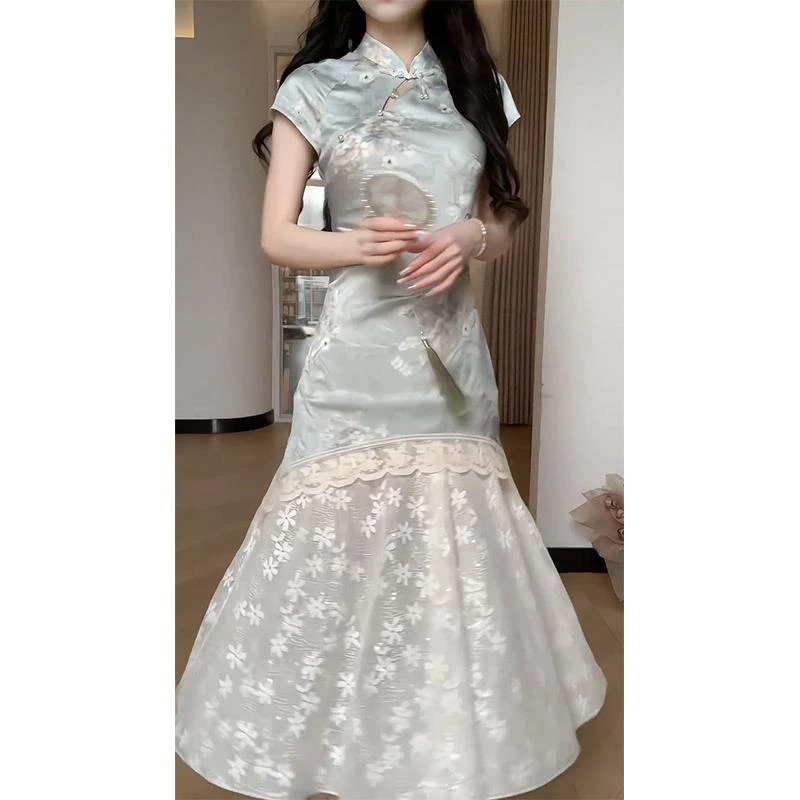 Bl0lan月魄霜英 2025新中式中国风拼接蕾丝印花旗袍气质连衣裙女