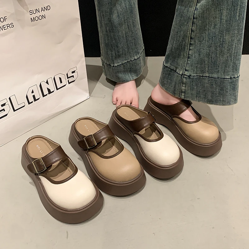 松糕底ins包头凉鞋法式松糕底凉拖磨砂包头拖鞋圆头一字扣拖鞋