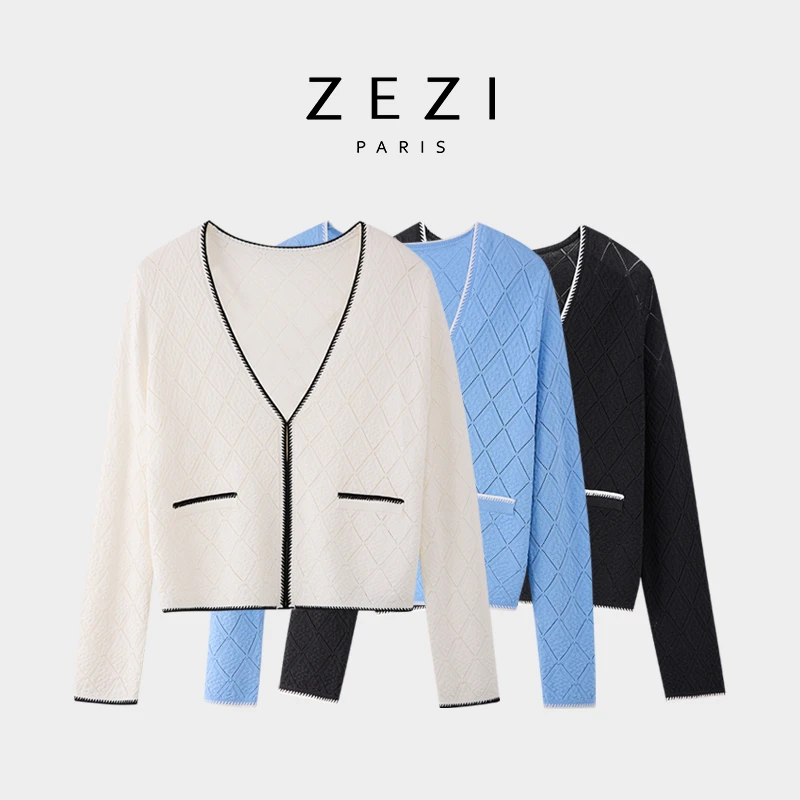 ZEZI夏日穿搭清爽优选针织衫长袖撞色花边设计针织衫时尚气质新款