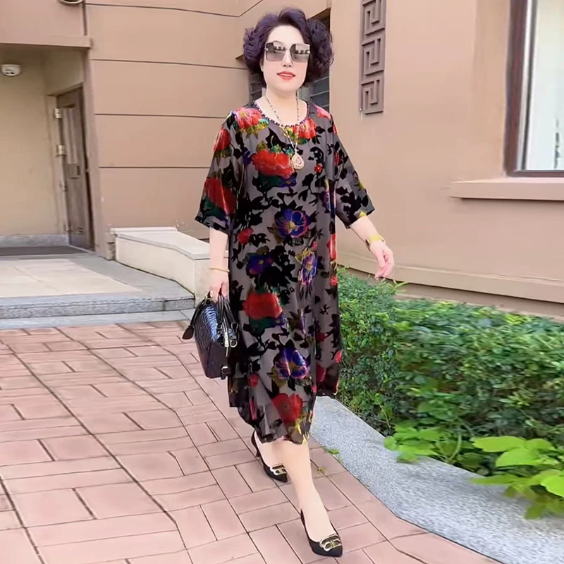 洋气植绒烧花连衣裙夏季新款阔太太宽松显瘦中长裙时髦妈妈长裙子