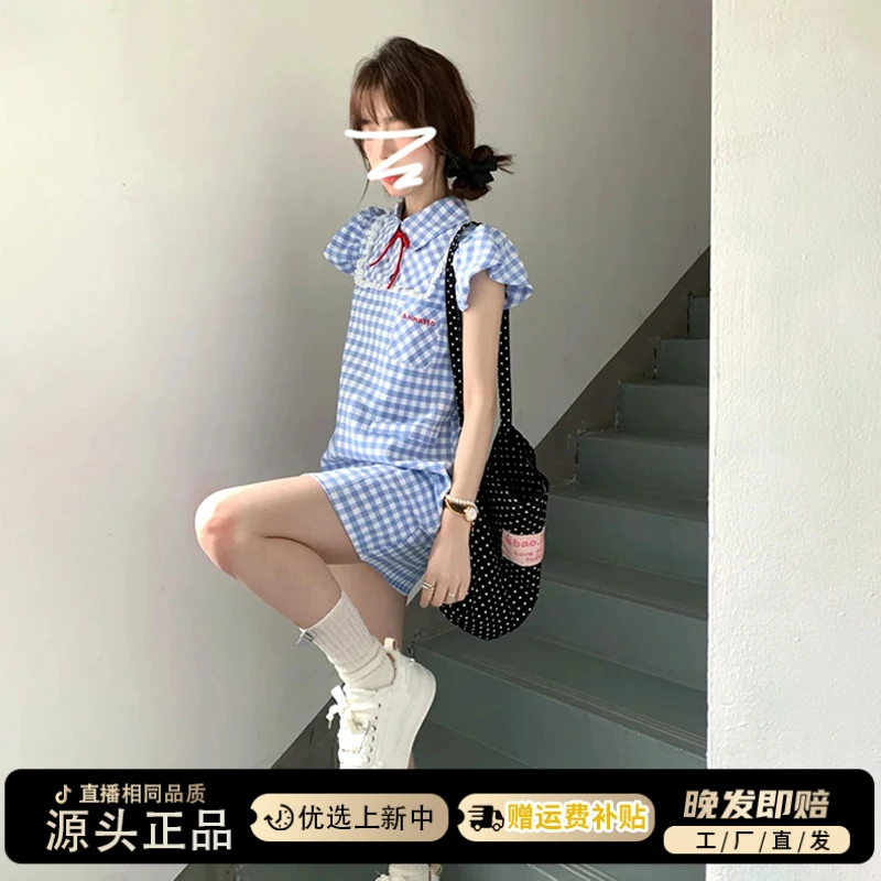 小个子学院风蓝色泡泡袖格子连衣裙子女夏季产地好物减龄甜妹短裙