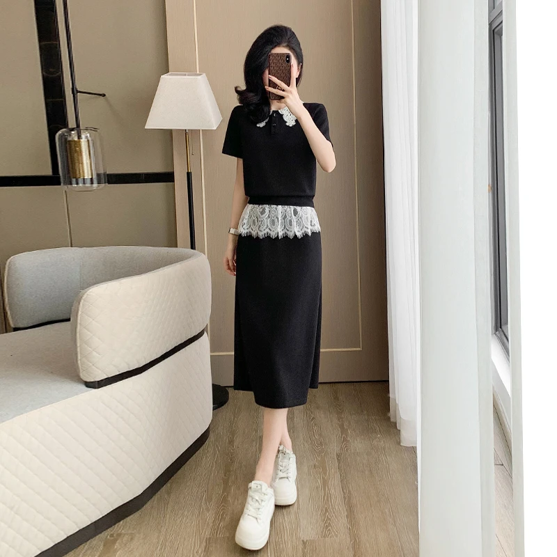 休闲时尚套装女夏显瘦气质高级感短袖拼接蕾丝半身裙子两件套洋气