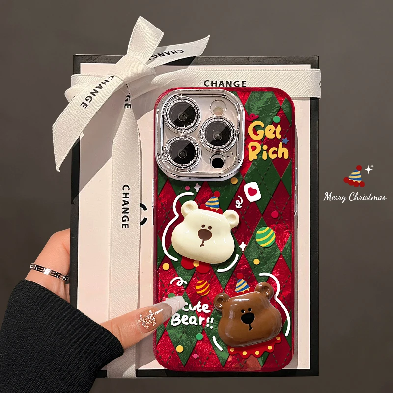 圣诞小熊公仔适用苹果15vivo华为oppo小米iPhone精孔冰川纹手机壳