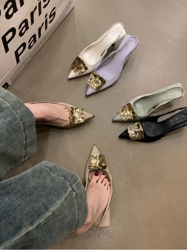 小众气质紫色高跟鞋法式包头凉鞋仙女鞋子2025春夏季缎面尖头单鞋