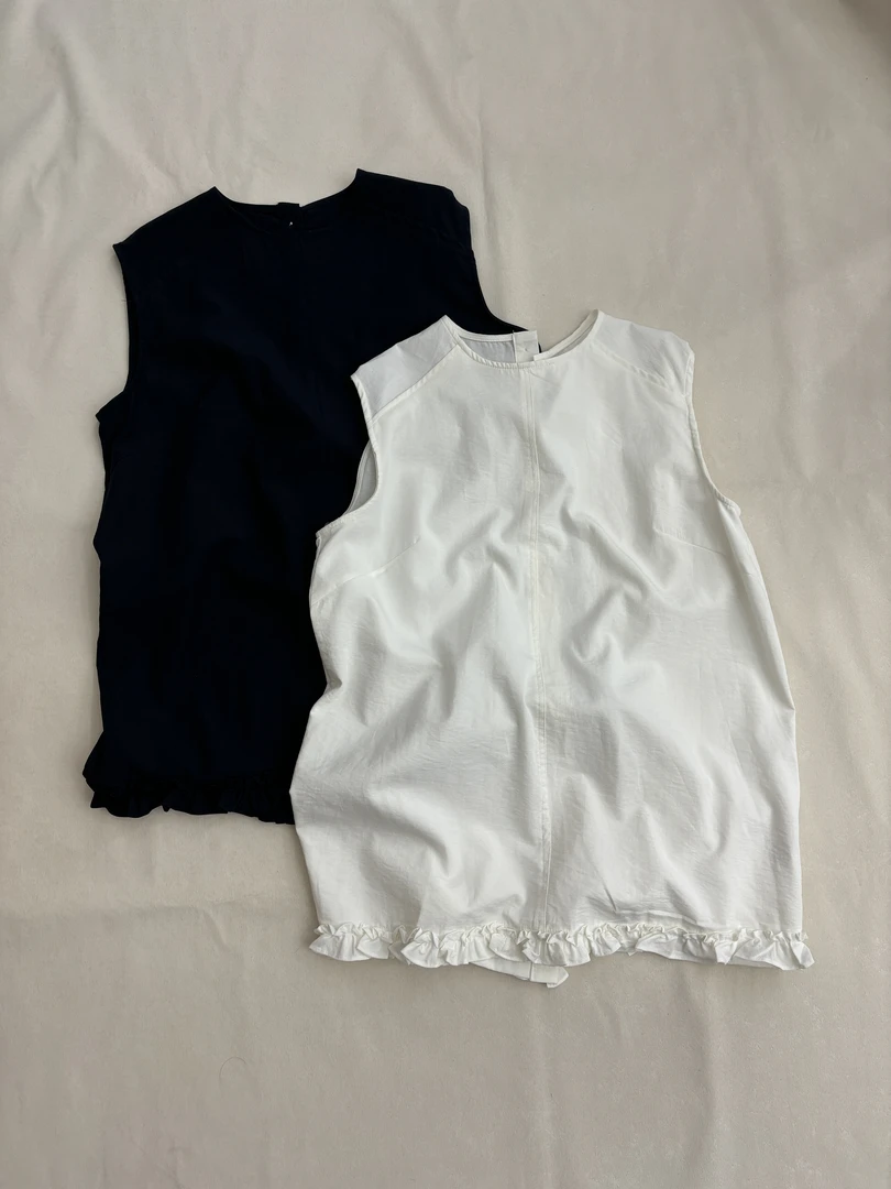 [王大一]220木耳边下摆圆领无袖背心衬衫夏季新款韩版排扣小衫