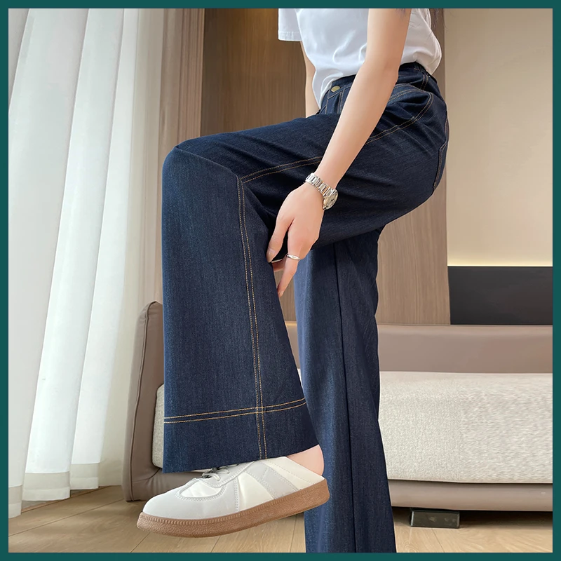 丹宁蓝色阔腿牛仔裤2025夏季薄款新款冰丝高腰显瘦宽松垂感直筒裤