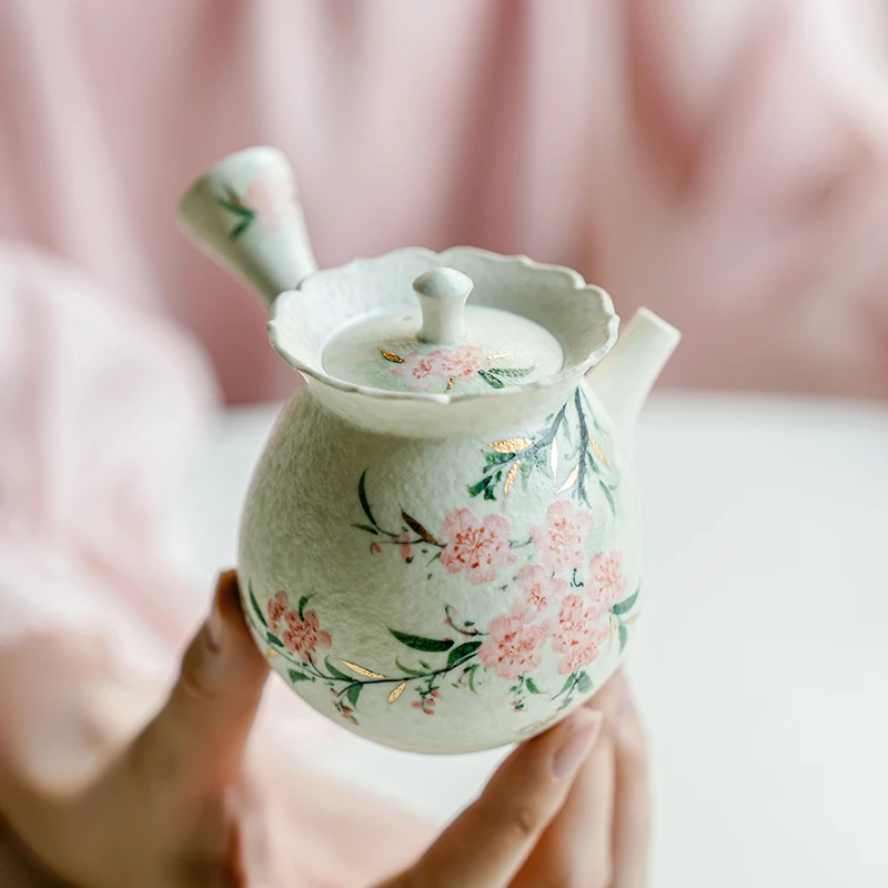 赞朴新中式岩矿白描金纯手绘桃花茶壶功夫茶具高档轻奢单壶侧把壶