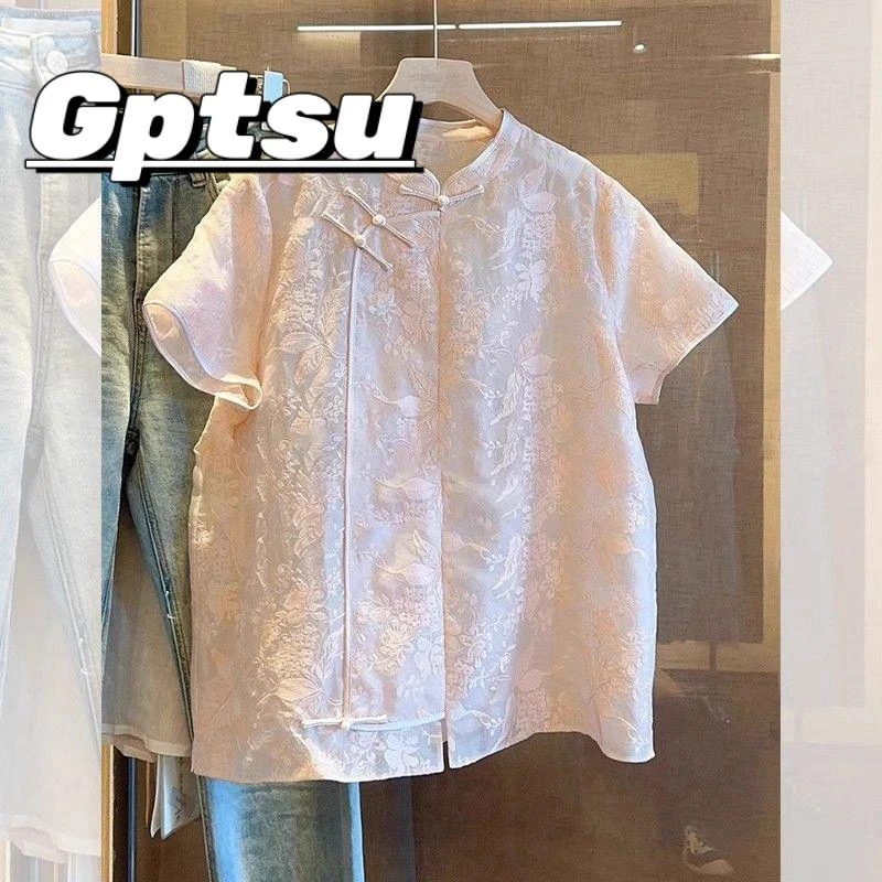 GPTSu超大码300斤国风新中式盘扣短袖衬衫女胖mm夏季宽松提花上衣